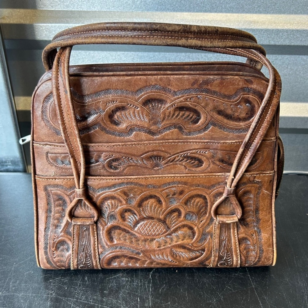 Vintage 60's Hand Tooled Leather Handbag Brown Floral Western Satchel Bag
